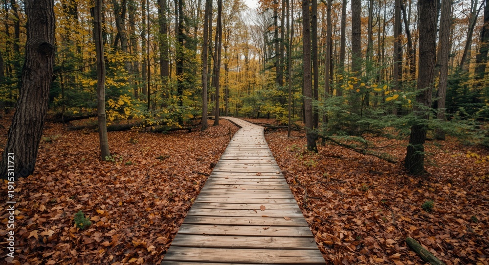 Fototapeta premium Outdoor wooden footpath in forest glade celebrating seasonal transition awareness