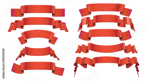 Set of glossy red ribbons and banners with dynamic curves on white background