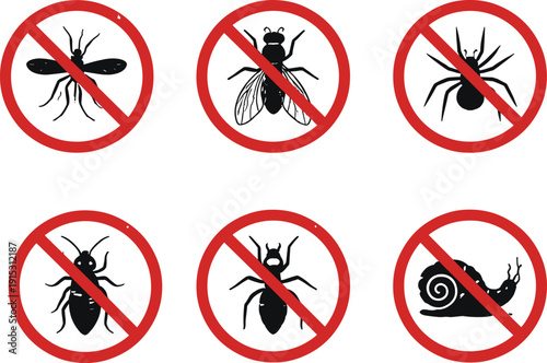 No insects pest control prohibition icons set, mosquito fly spider ant snail warning signs, red circle symbols illustration