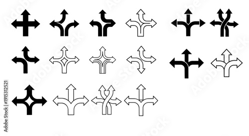 Direction arrows intersection icon set – crossroad, turn and navigation vector icons
