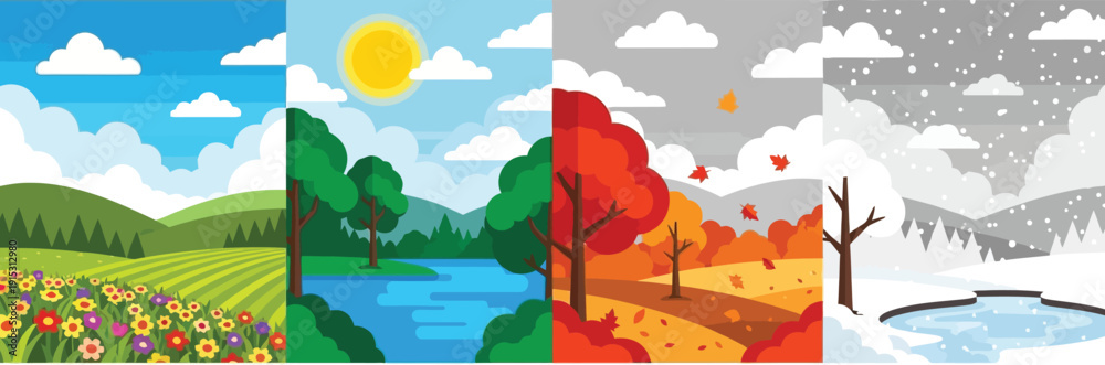 Obraz premium A serene collage of four seasonal landscape scenes showcasing nature's transition through the year