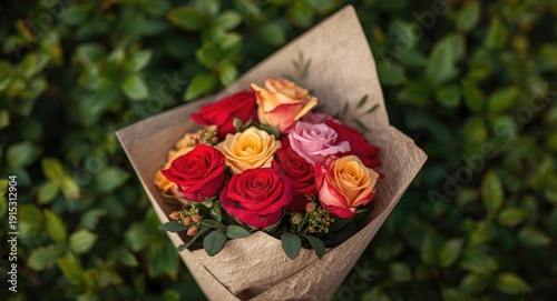 Brightly colored roses wrapped in textured craft paper with lively green foliage background for weddings