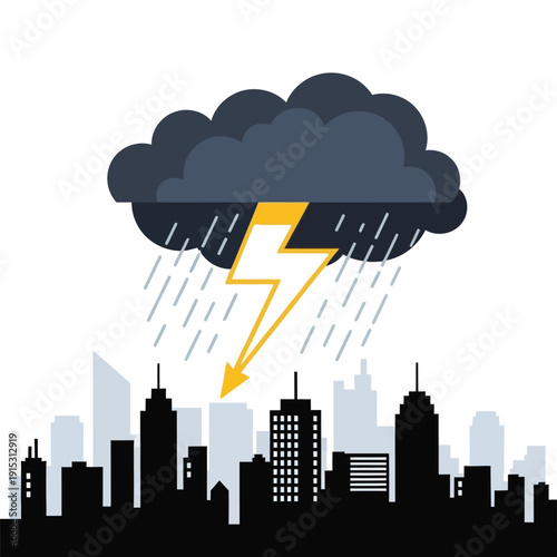 Dark storm cloud with lightning striking the city skyline during heavy rain from a high vantage point