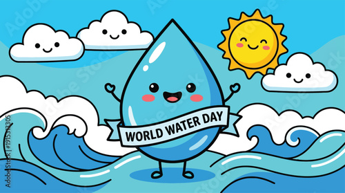 A cheerful water droplet character celebrating World Water Day amidst waves and clouds under a sunny sky