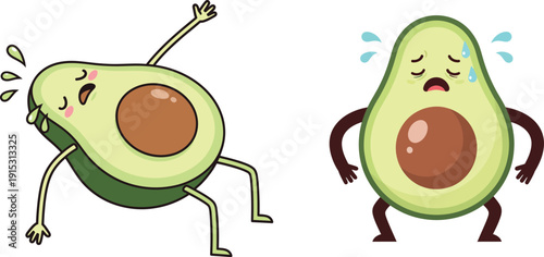 Two cartoon avocados with humanlike expressions and poses showing emotions