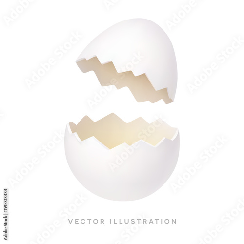 Broken Easter egg shell isolated on white background. Minimal 3D realistic icon vector illustration of cracked egg