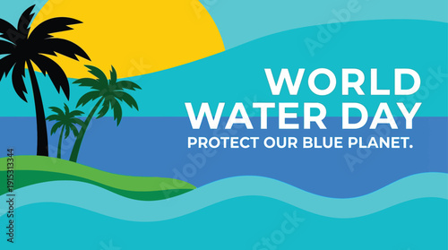 Celebrating World Water Day with serene ocean landscape illustration featuring palm trees and a vibrant blue planet from a scenic viewpoint