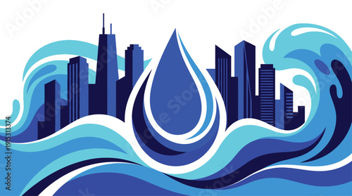 Cityscape illustration with water droplet and waves against a modern urban skyline from a frontal viewpoint