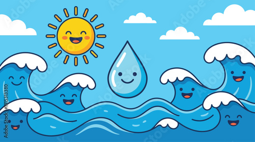 Cartoon waves and water droplet with smiling faces under a happy sun in a blue ocean scene
