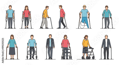 A set of diverse people, men and women of various ages, using different mobility aids such as crutches, canes, and walkers, depicted in a clean line art style.