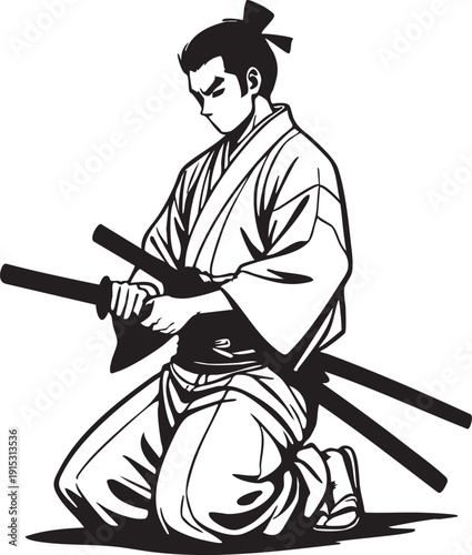 Samurai warrior vector illustration: japanese swordsman art eps silhouette