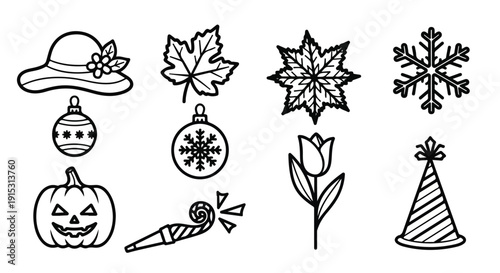 Assorted illustrations of various objects and symbols representing different seasons and occasions Vector