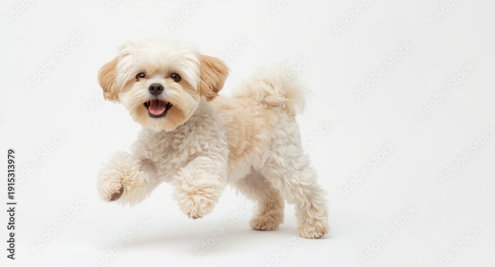 Obraz premium Maltipoo dog demonstrating playful antics on a white background with joyful mood