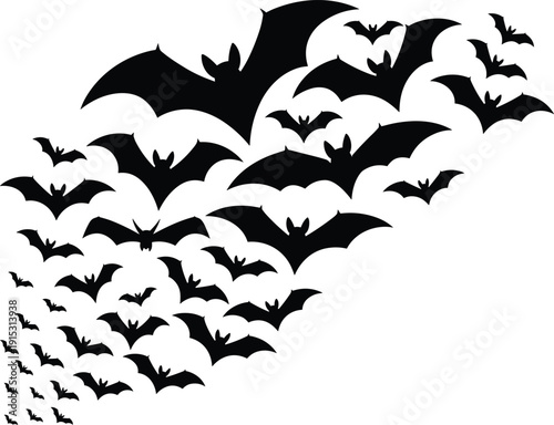 Flying bats silhouette illustration, spooky halloween background, dark night horror concept, vampire animals swarm, black wildlife design, vector, graphic, art