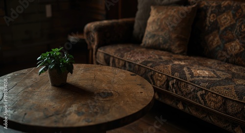Wooden table and green plan...