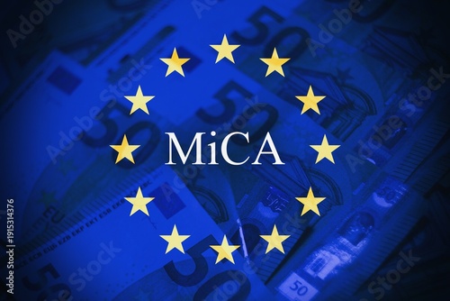 Canvas Print Conceptual stock image representing MICA in finance and investment, showing euro banknotes layered on a flag background