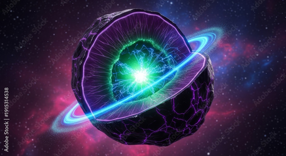 Fototapeta premium Cracked cosmic sphere with energetic core and glowing ring in space