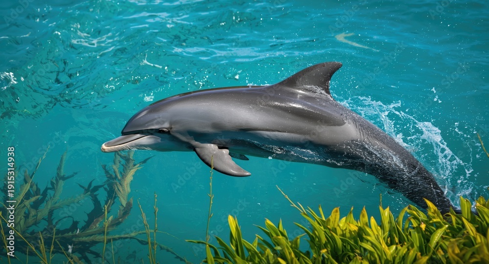 Obraz premium Excited dolphin bounding through sparkling ocean with green aquatic plants in full length summer view
