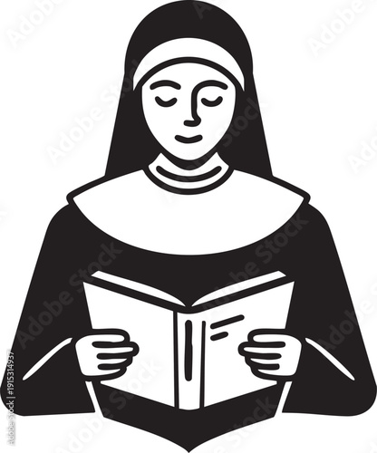 Vector illustration: nun reading book - religious figure graphic eps silhouette