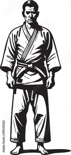 Vector illustration: karate master in gi, black and white martial arts design eps silhouette