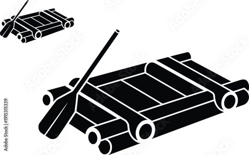 Black raft and paddle silhouette illustration isolated on white background, minimalist outdoor adventure water sport icon graphic design element vector