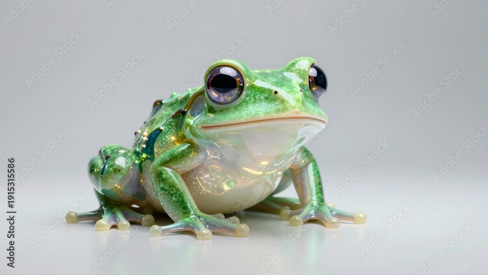 Obraz premium A green frog figurine with blue eyes on a white background