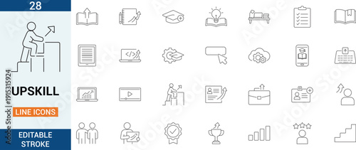 Professional upskill outline icon set featuring learning, certification, training, career growth and digital skill development concepts in clean editable stroke style.