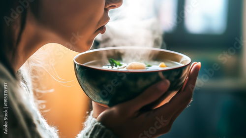 Person blowing on hot soup in bowl warming comfort food moment