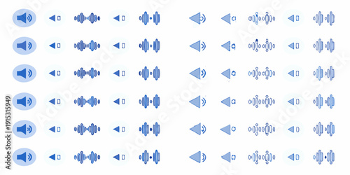 Arrangement of blue speaker icons and sound wave graphics