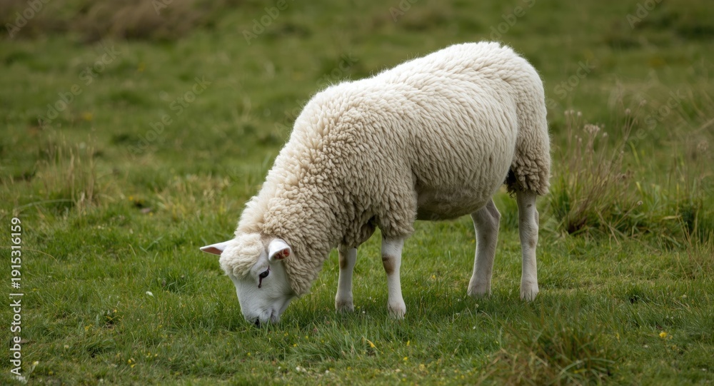 Obraz premium Happy Scottish domestic sheep grazing quietly on green meadow field