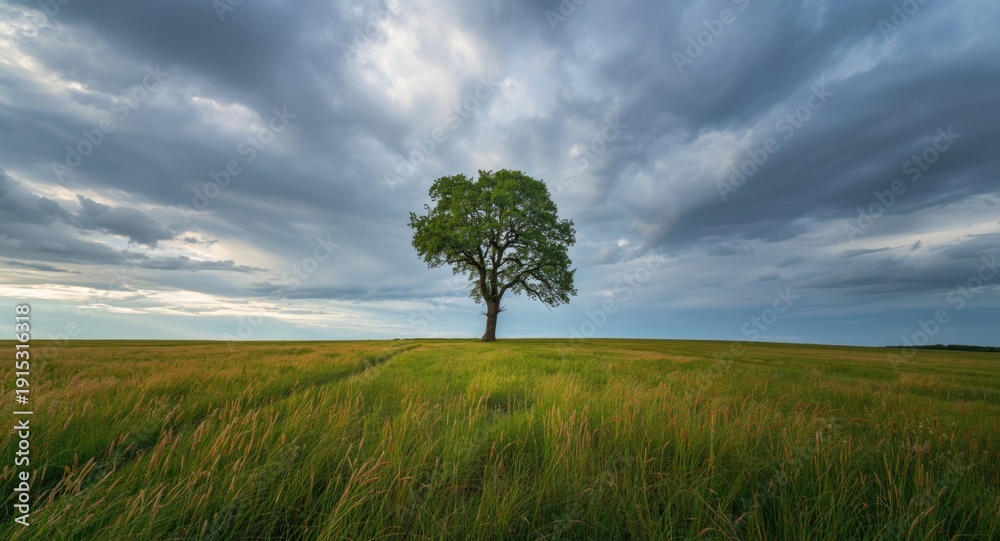 Fototapeta premium Single tall tree standing elegantly amidst vibrant grass fields under a scenic and dramatic sky