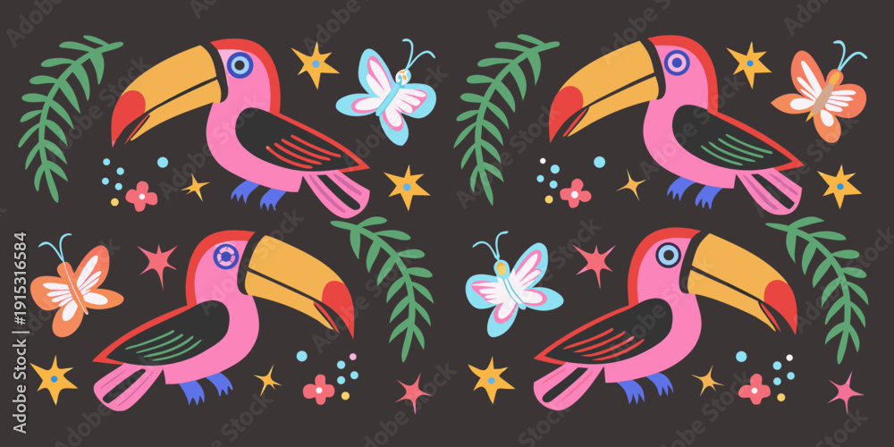 Naklejka premium Colorful tropical toucans and butterflies on a dark background pattern