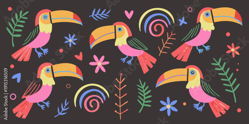 Colorful toucans and tropical elements on a dark background