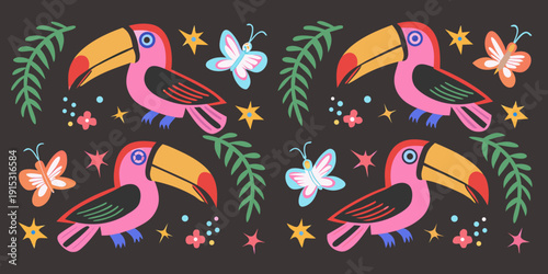 Colorful tropical toucans and butterflies on a dark background pattern