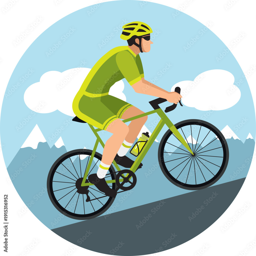 Fototapeta premium Cyclist with helmet and sunglasses riding a bicycle in cycling shorts and jersey climbing a mountain pass. Green flat design. Hand drawn vector illustration.