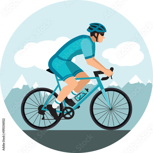 Cyclist with helmet and sunglasses riding a bicycle in cycling shorts and jersey. Blue flat design. Hand drawn vector illustration. Road with mountains.
