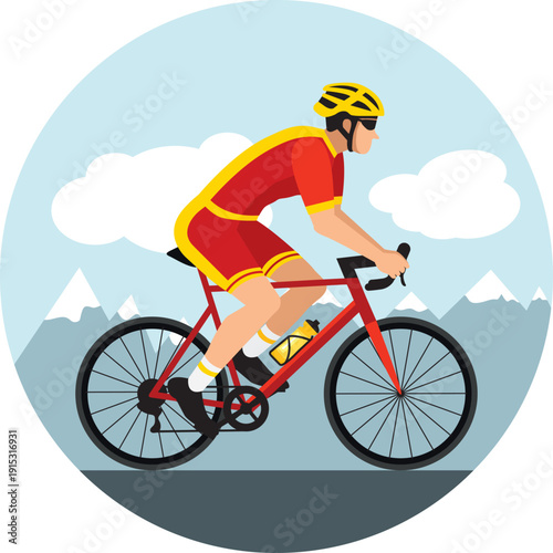 Cyclist with helmet and sunglasses riding a bicycle in cycling shorts and jersey. Red an d yellow flat design. Hand drawn vector illustration. Road with mountains.