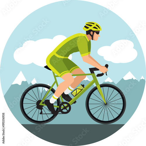 Cyclist with helmet and sunglasses riding a bicycle in cycling shorts and jersey. Green flat design. Hand drawn vector illustration. Road with mountains.