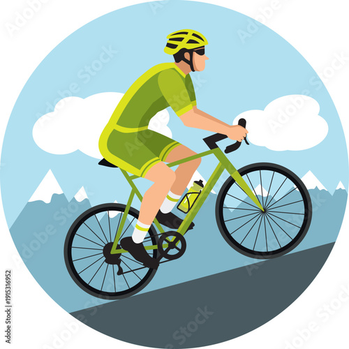 Cyclist with helmet and sunglasses riding a bicycle in cycling shorts and jersey climbing a mountain pass. Green flat design. Hand drawn vector illustration.
