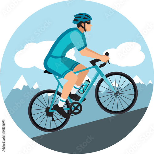 Cyclist with helmet and sunglasses riding a bicycle in cycling shorts and jersey climbing a mountain pass. Blue flat design. Hand drawn vector illustration.