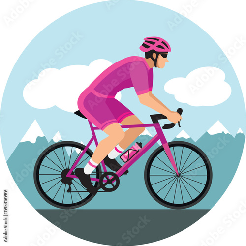 Cyclist with helmet and sunglasses riding a bicycle in cycling shorts and jersey. Purple flat design. Hand drawn vector illustration. Road with mountains.