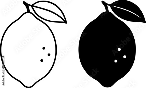 Fruit icon, minimalist vector illustration of lemon, black and white in outline and silhouette design style