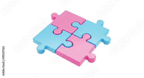 Four interlocking puzzle pieces, two pink and two blue, form a square shape on a white background. The arrangement conveys a sense of unity and simplicity.