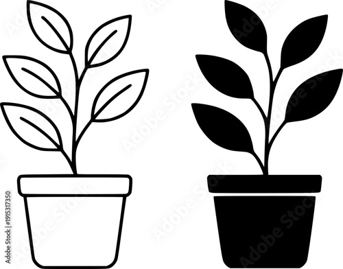 Plant icon, vector illustration of a minimalist potted plant, black and white in outline and silhouette design style.