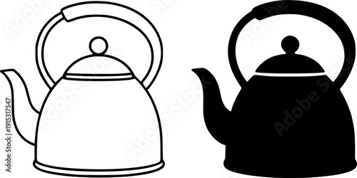 Modern beverage icon, minimalist vector illustration of kettle, black and white in outline and silhouette design style