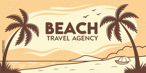 Beach travel agency banner with palm trees and sailboat