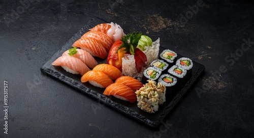 Varied sushi platter includ...