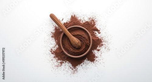 Dark bowl with rich cocoa powder and wooden spoon set on bright white background