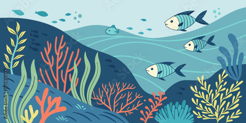 Colorful cartoon fish swim among coral reef seaweed ocean