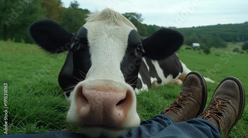 Loving and peaceful connection between humans and animals in a cow sanctuary. Respectful bond based on care, trust and harmony, promoting compassion, coexistence and ethical treatment.